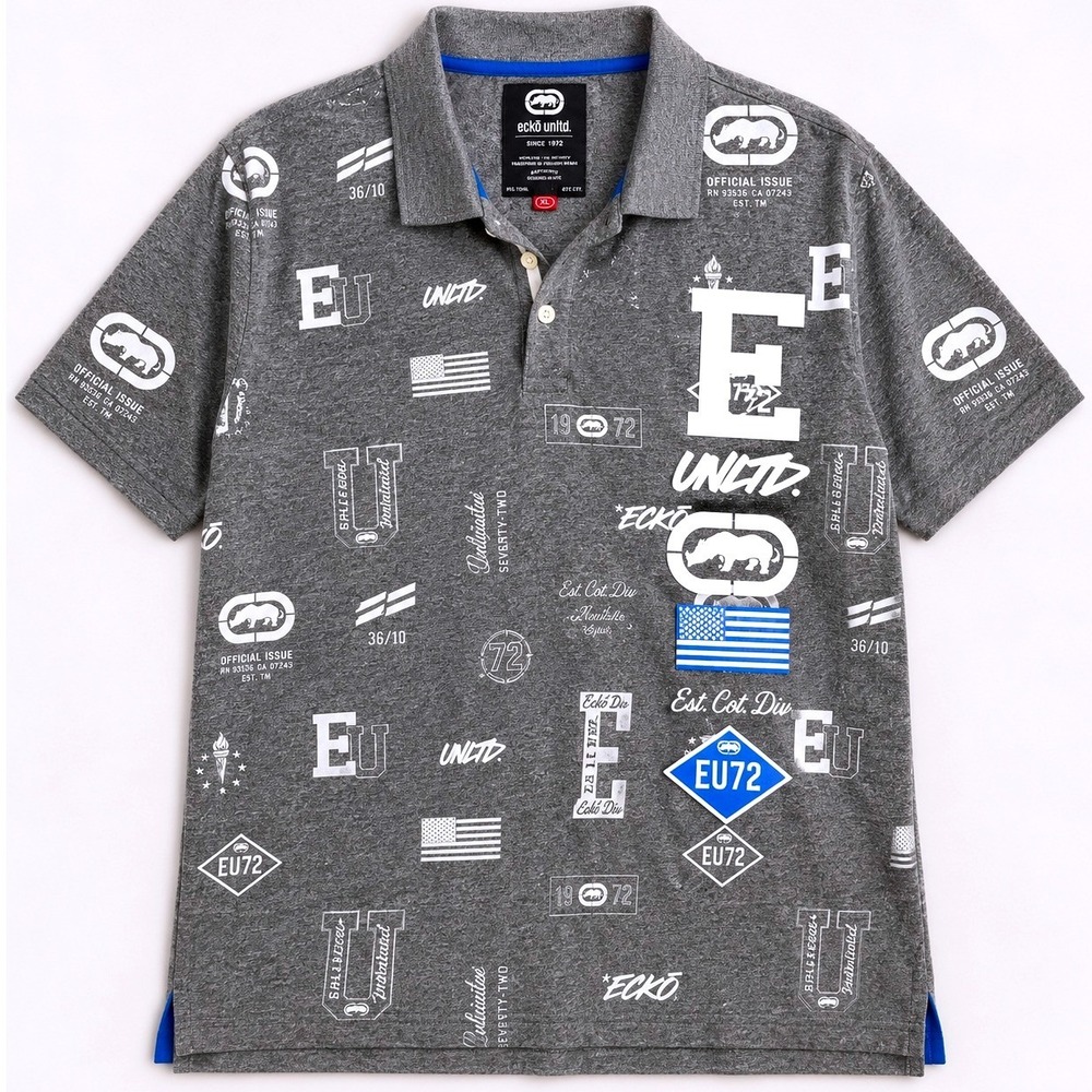 Ecko Unltd Men's XL Gray All Over Graphic Logo Polo Shirt Y2K Streetwear